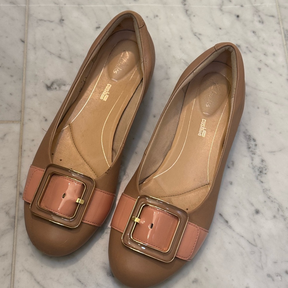 Clarks Women's Brown and Pink Buckle Flats Shoes Leather